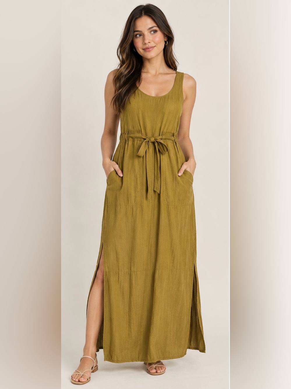 ✨Banana Republic Olive Green Sleeveless Maxi Dress with Waist Tie Size 00P